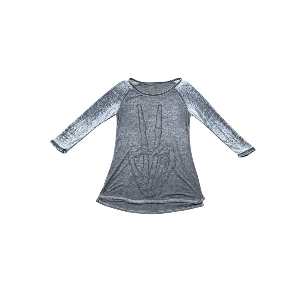 LOL Vintage Skeleton Peace Sign Burnout Raglan Shirt Gray Women's Large
